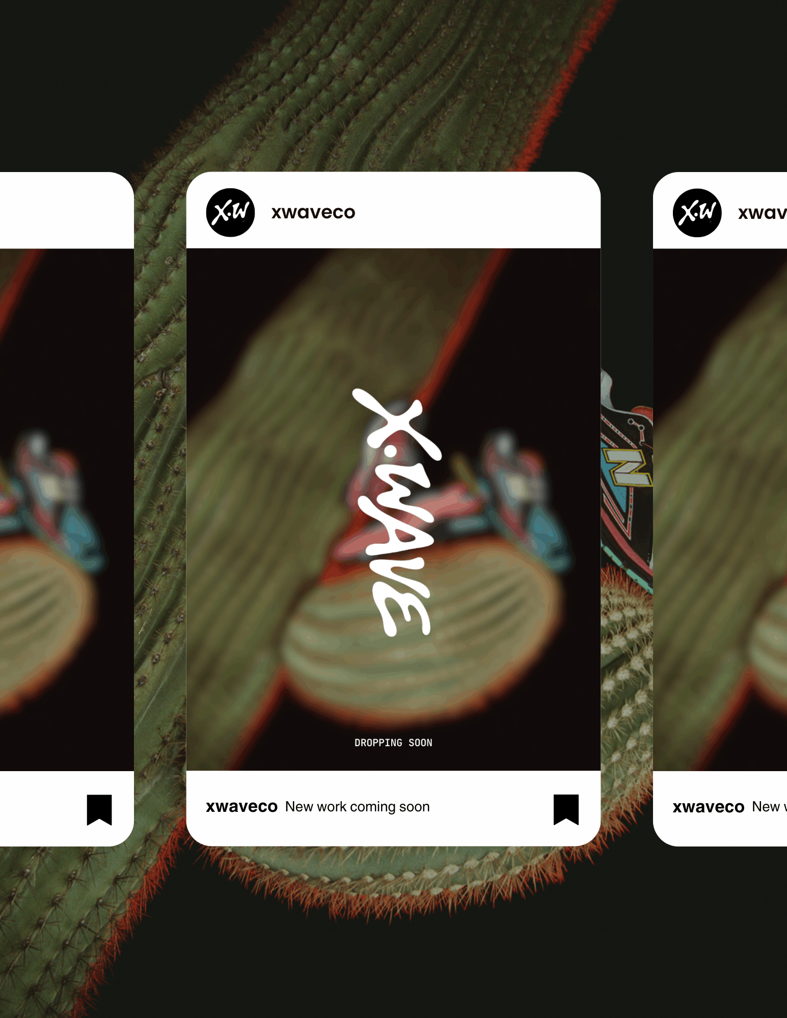 Instagram post mockups displayed over a cactus background, showcasing bold typography, abstract imagery, and branded social media content for a creative agency.