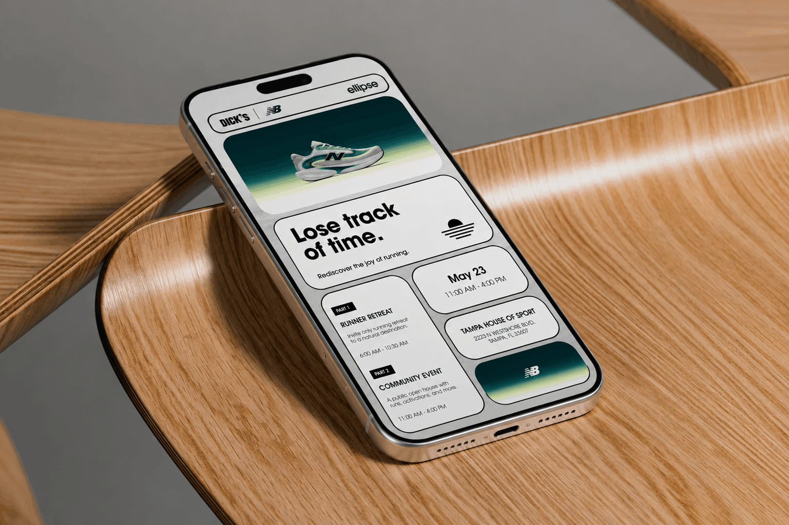 mobile user interface created for a conceptual New Balance experiential marketing campaign, featuring event details and branded digital content.