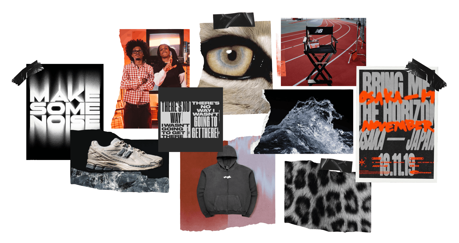 Brand mood board combining expressive typography, editorial photography, textures, athletic references, and visual inspiration to shape a bold creative agency identity system.
