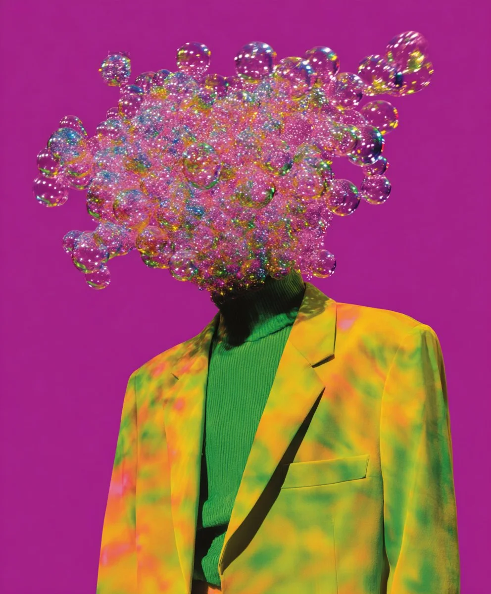A person with a cluster of colorful soap bubbles replacing their head, wearing a yellow and green suit, against a purple background.