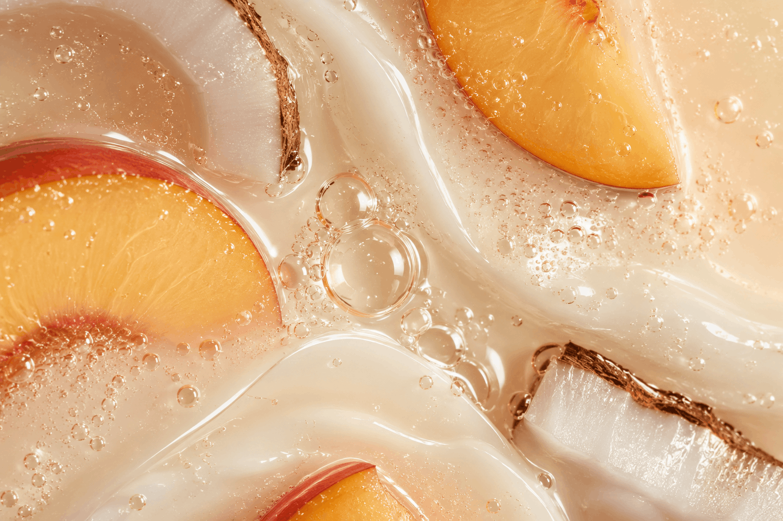 AI-generated skincare ingredient texture featuring coconut, peach, and creamy sunscreen formulation for a premium suncare brand.