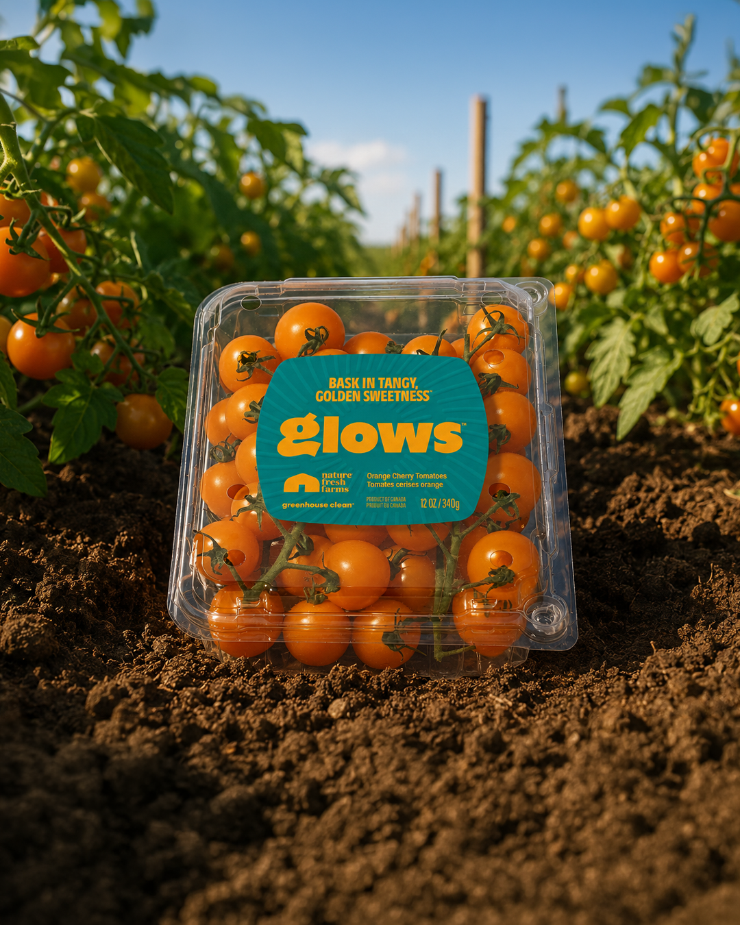 AI-generated product photograph of Nature Fresh Farms Glows orange cherry tomatoes displayed in a greenhouse row, showcasing premium produce packaging and commercial food photography.