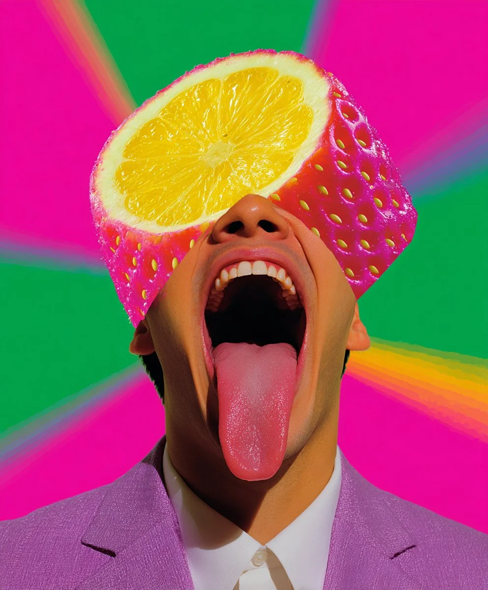 A man in a purple suit with a strawberry and lemon slice superimposed over his head, against a colorful psychedelic background.