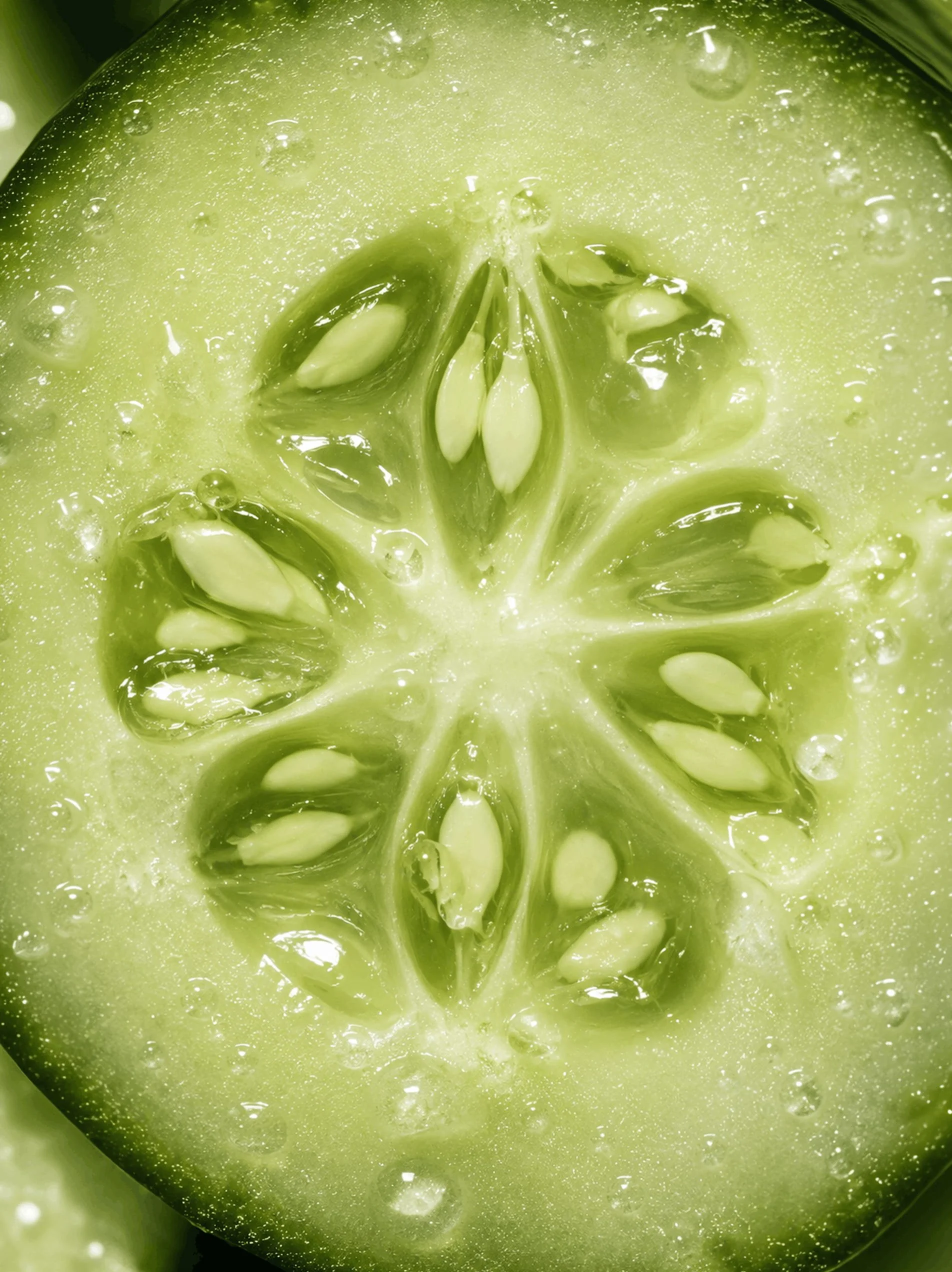 AI-generated macro photograph of a fresh cucumber slice with visible seeds and water droplets, highlighting texture, freshness, and vibrant greenhouse-grown produce.