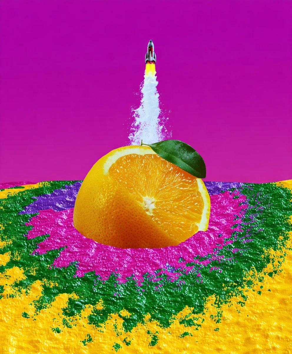 A rocket launching upward from a sliced orange with a green leaf, set against a vibrant pink background and a colorful, textured landscape.