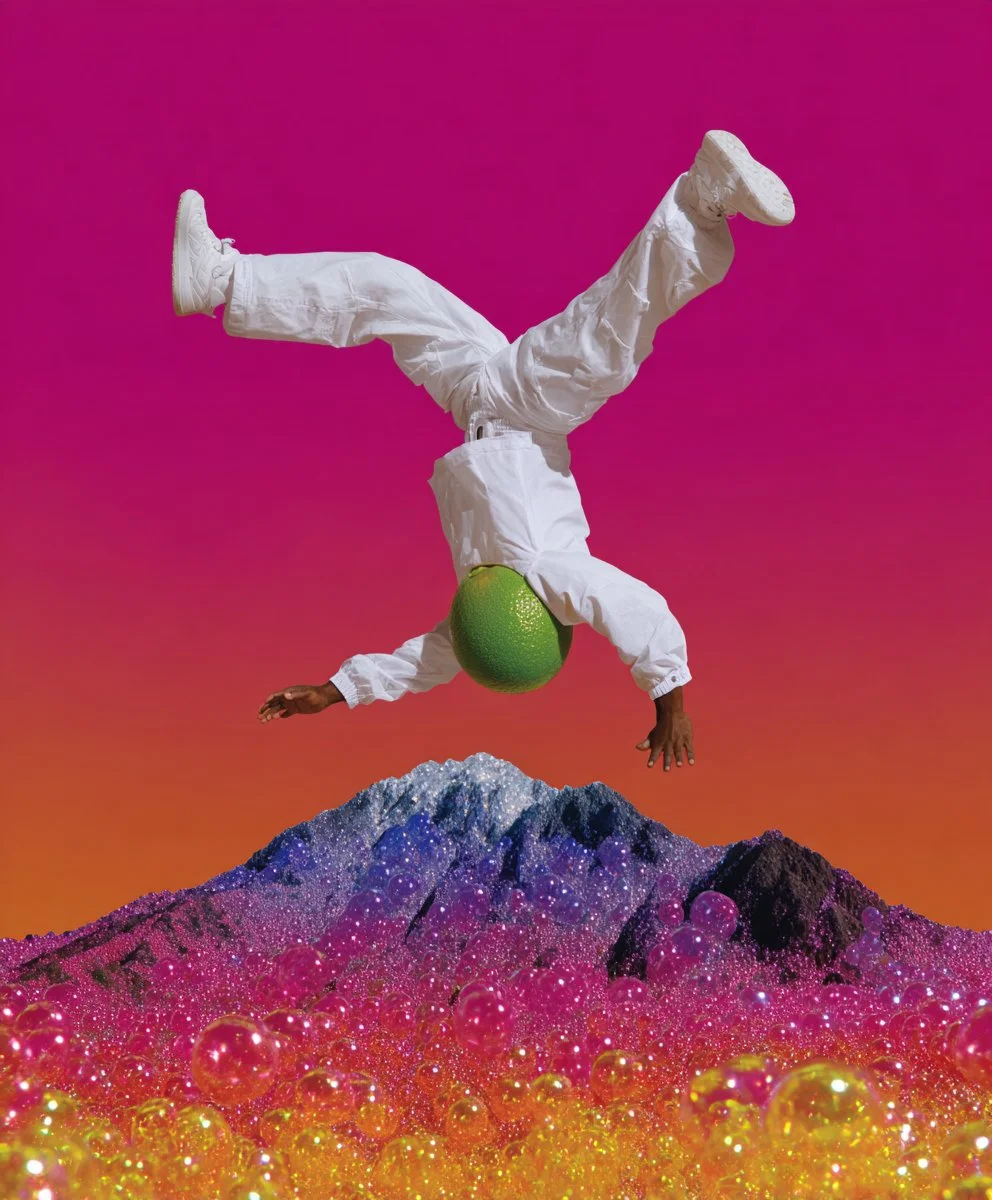 Person performing a handstand in a surreal, colorful landscape with pink, orange, purple, and yellow hues, a mountain, and a glittery, bubbly foreground.