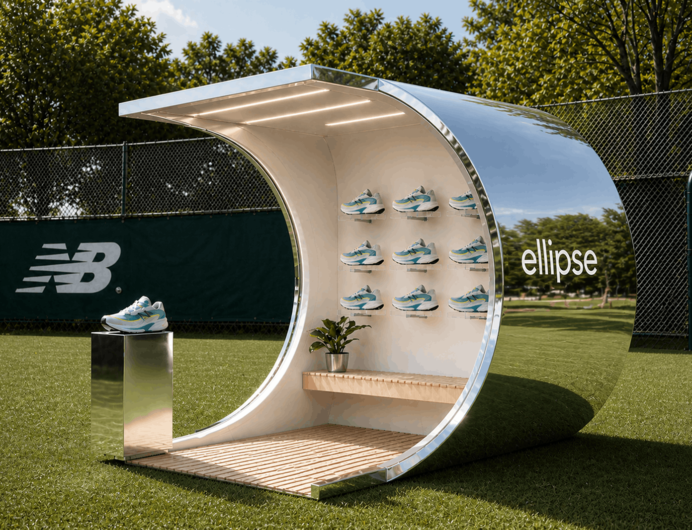 AI-generated retail display environment showcasing New Balance footwear as part of a conceptual experiential brand activation.
