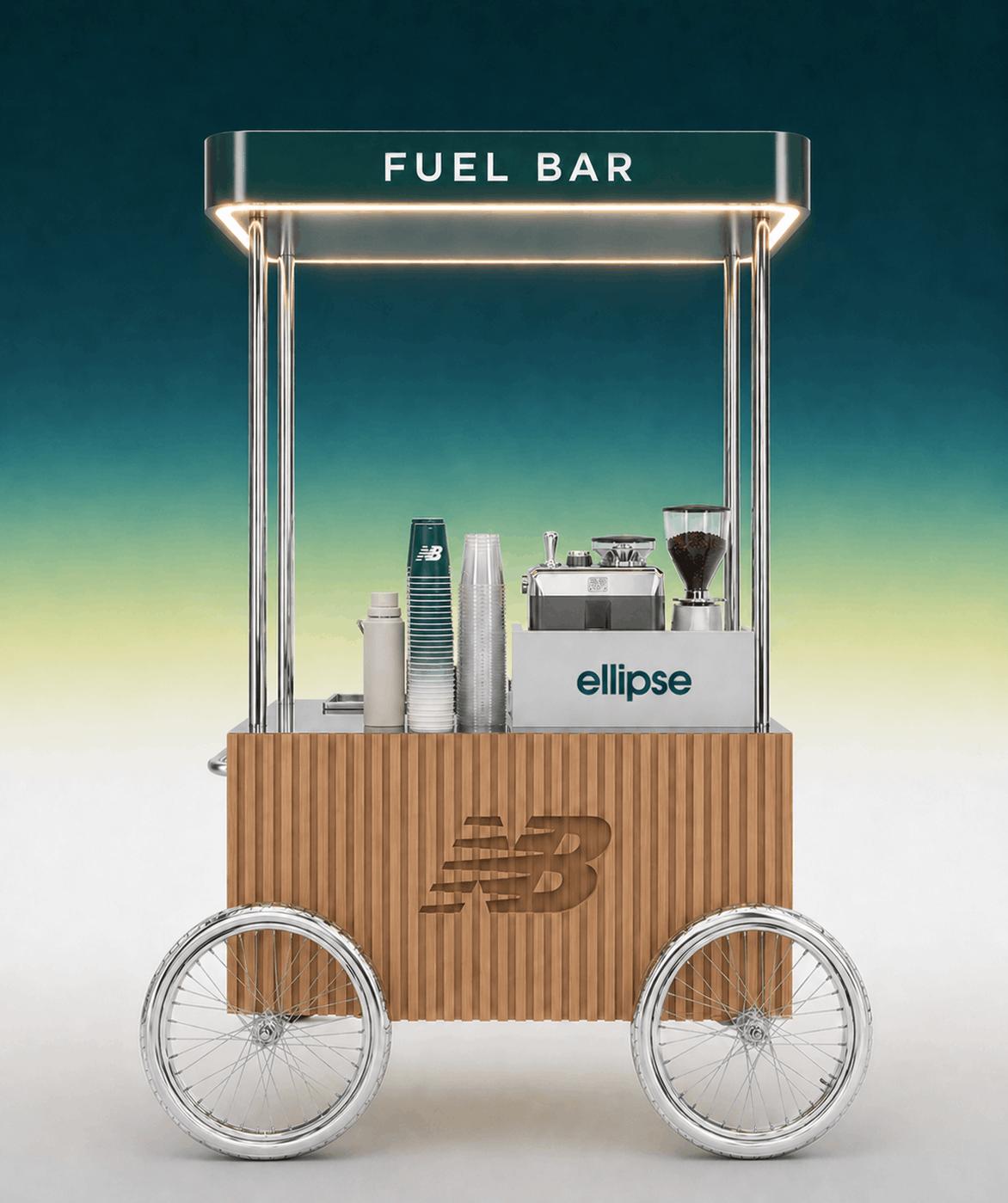 AI-designed branded fuel bar created for a conceptual New Balance experiential retail activation, featuring a custom coffee cart and hospitality experience.
