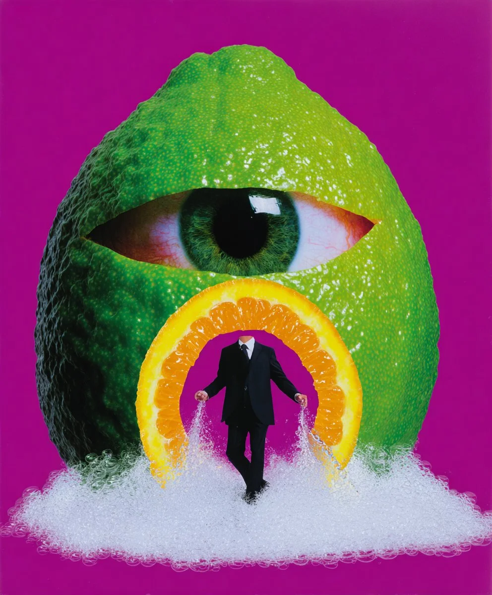 A surreal collage featuring a lime with an eye, a slice of orange, and a person in a suit walking through bubbly foam.