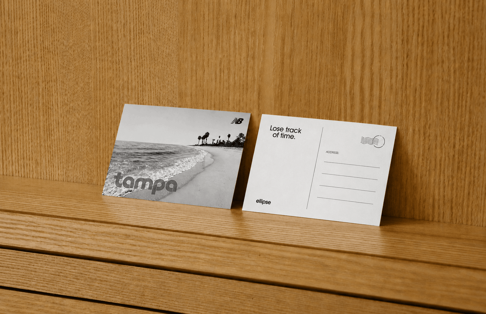 branded postcard featuring campaign artwork and messaging for a New Balance experiential retail activation.