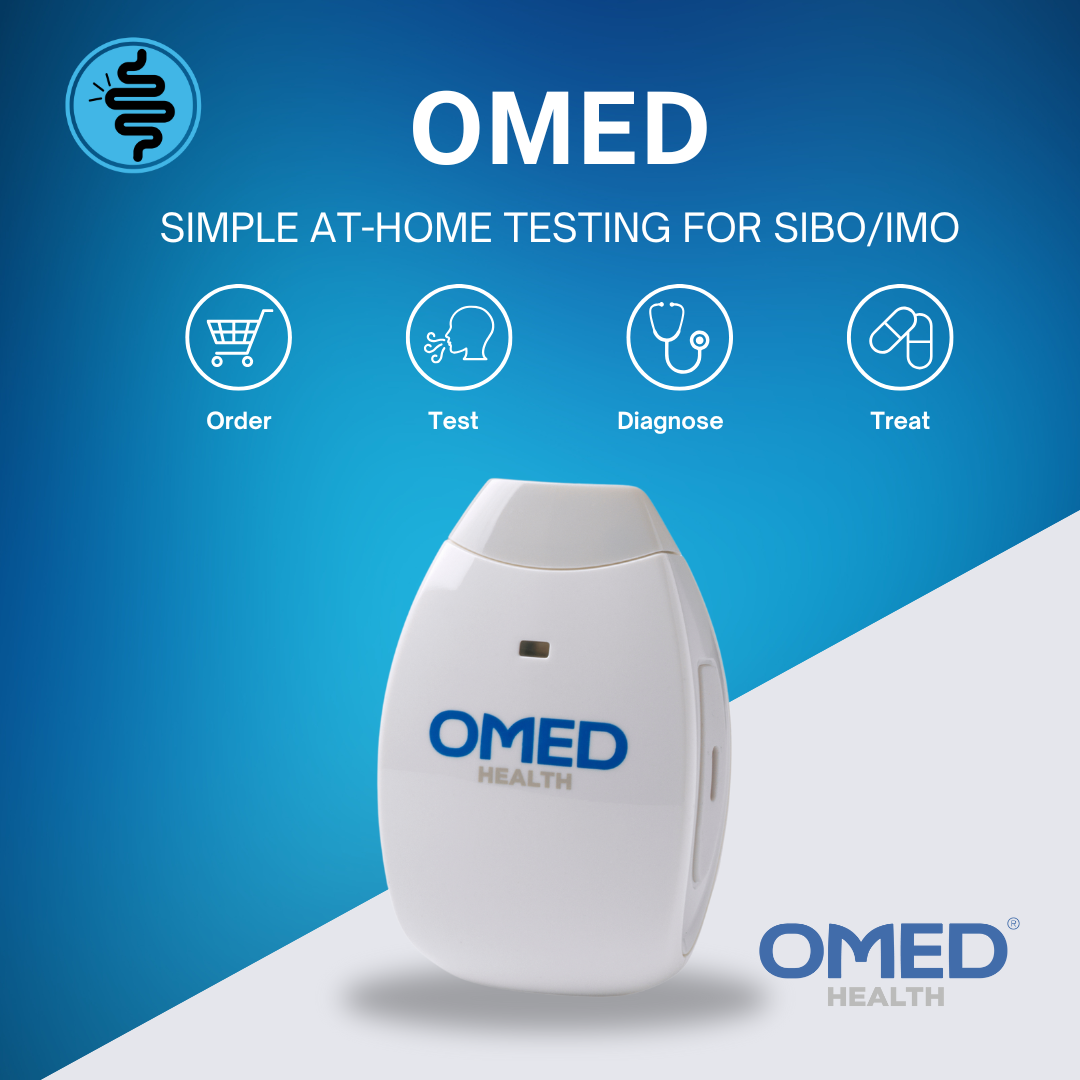 Omed health home testing device for SIBO/IMO with icons for order, test, diagnose, and treat.