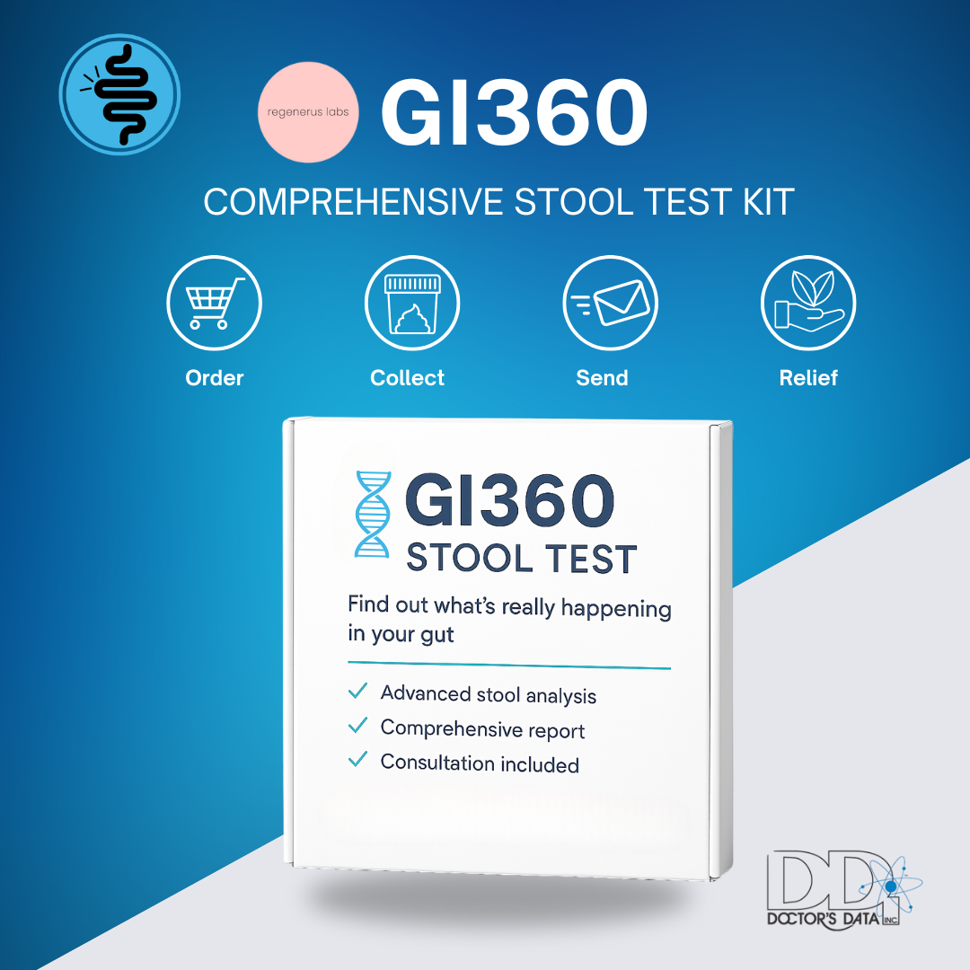 An advertisement for the GI360 comprehensive stool test kit featuring icons for order, collect, send, and relief, with the logo of Regenerus Labs and Doctor's Data, Inc. The text highlights advanced stool analysis, a comprehensive report, and consultation included.