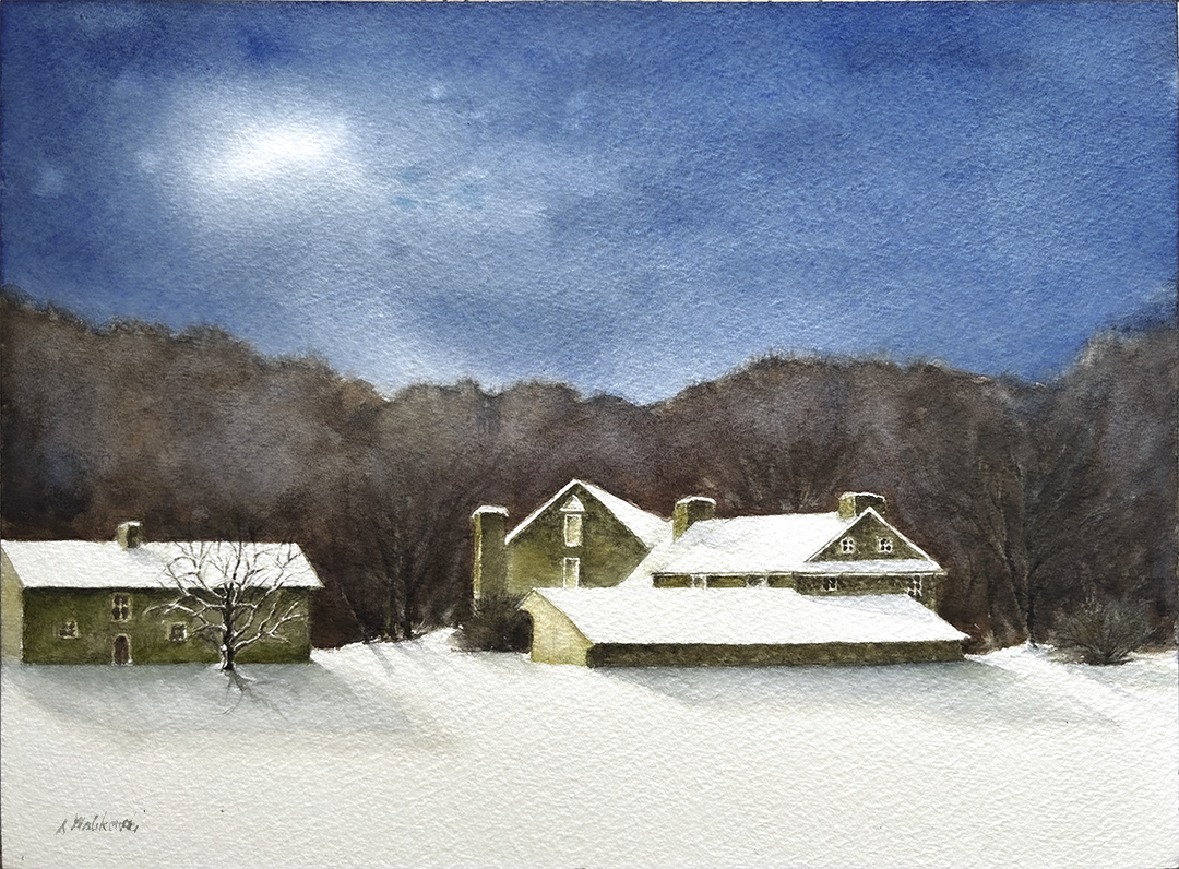 Hazy Moonlight over Andy and Betsy's House, 12x9, $450, archival mat and frame