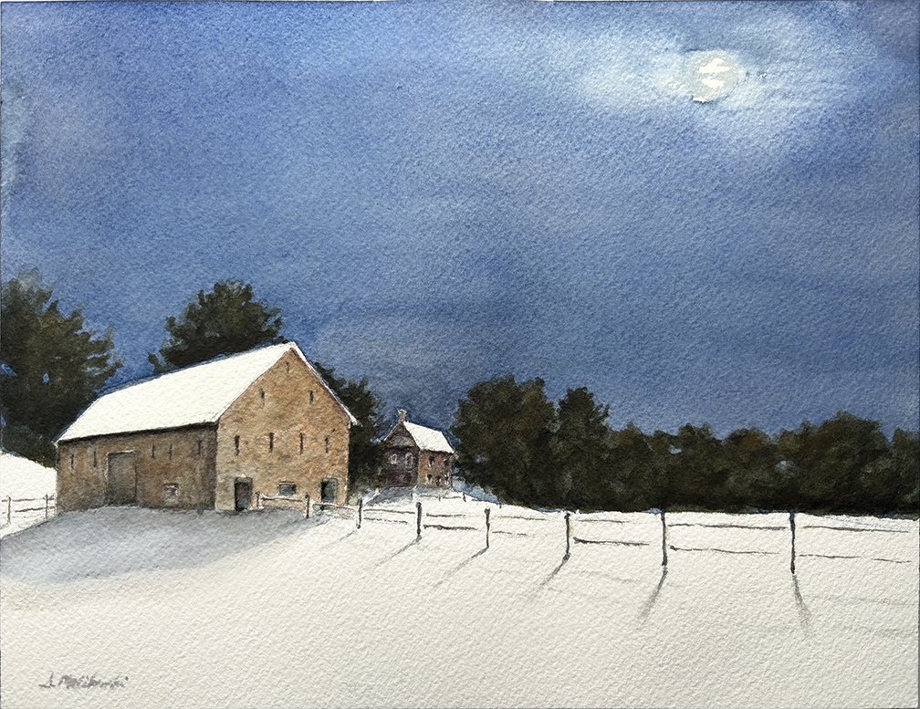 Abiah Taylor Farm, Winter Moonlight, $400, archival mat and frame