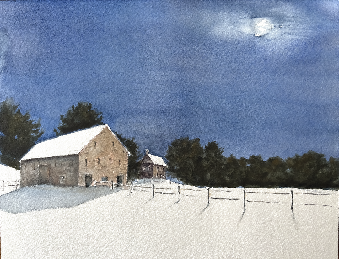 Abiah Taylor Farm, Winter Moonlight, $400, archival mat and frame