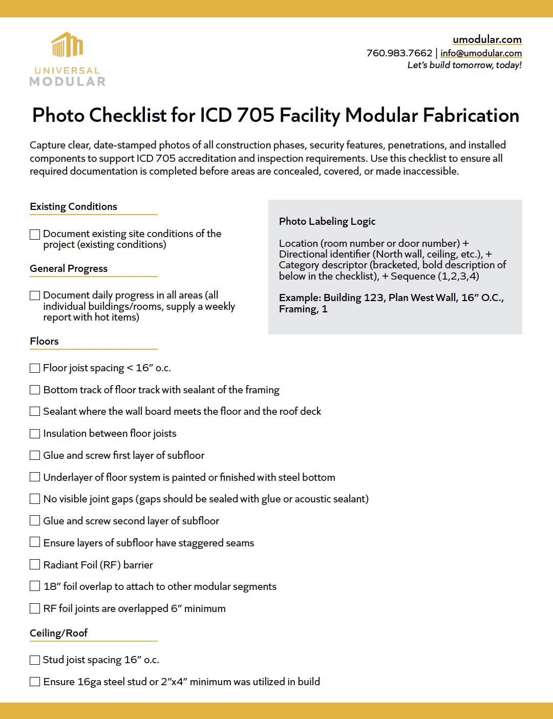 image of PDF with yellow UMI branding that has the text Photo Checklist for ICD 705 Facility Modular Fabrication at the top