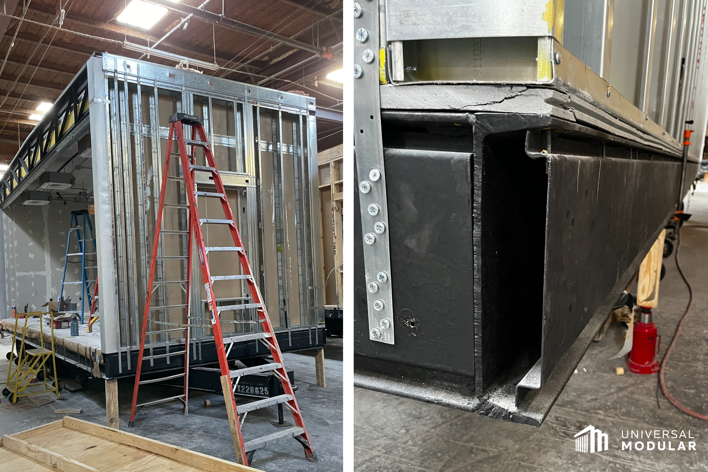 composite image of modular building with steel studs and close-up of steel materials