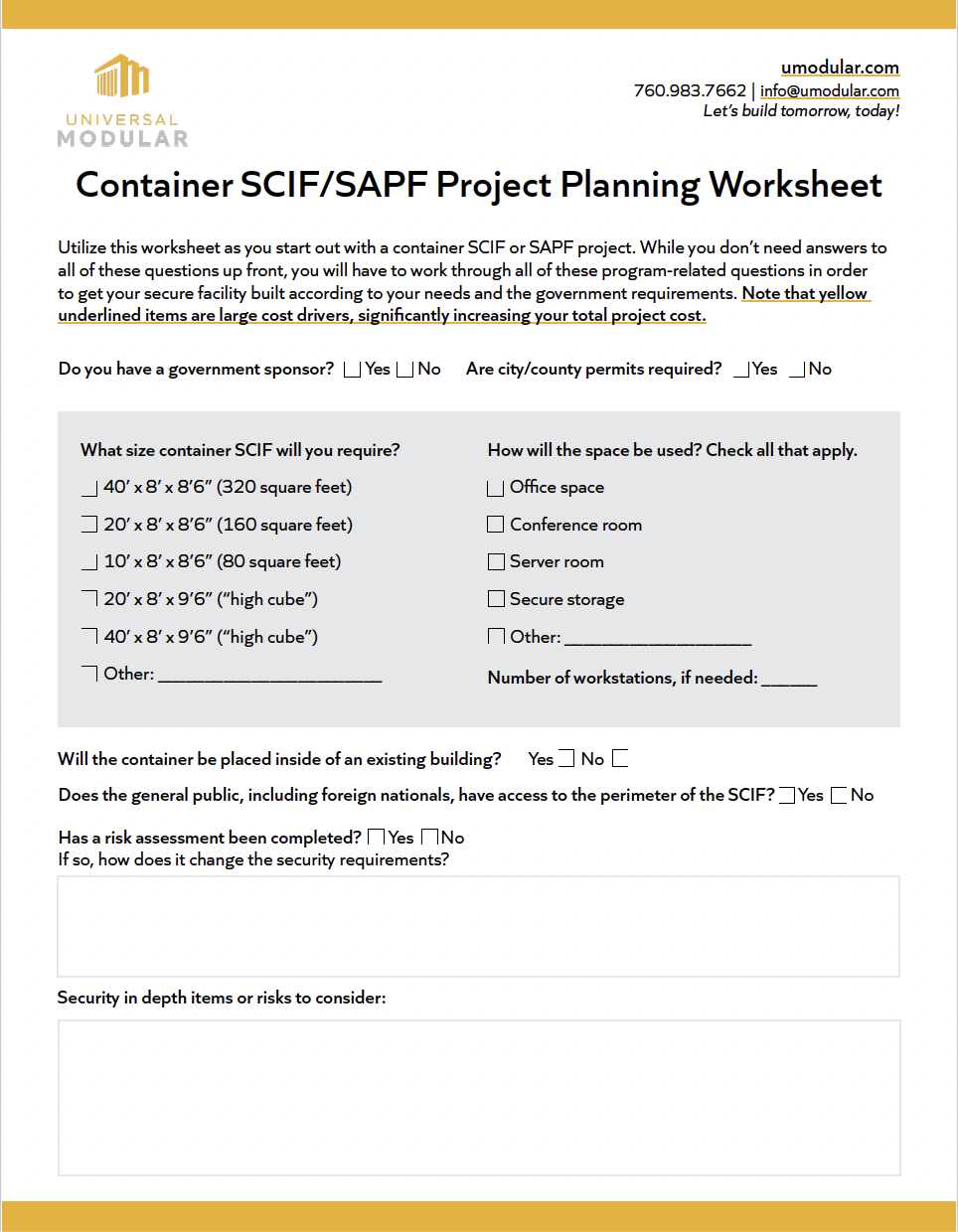 designed page for container scif/sapf planning worksheet with text and fillable boxes