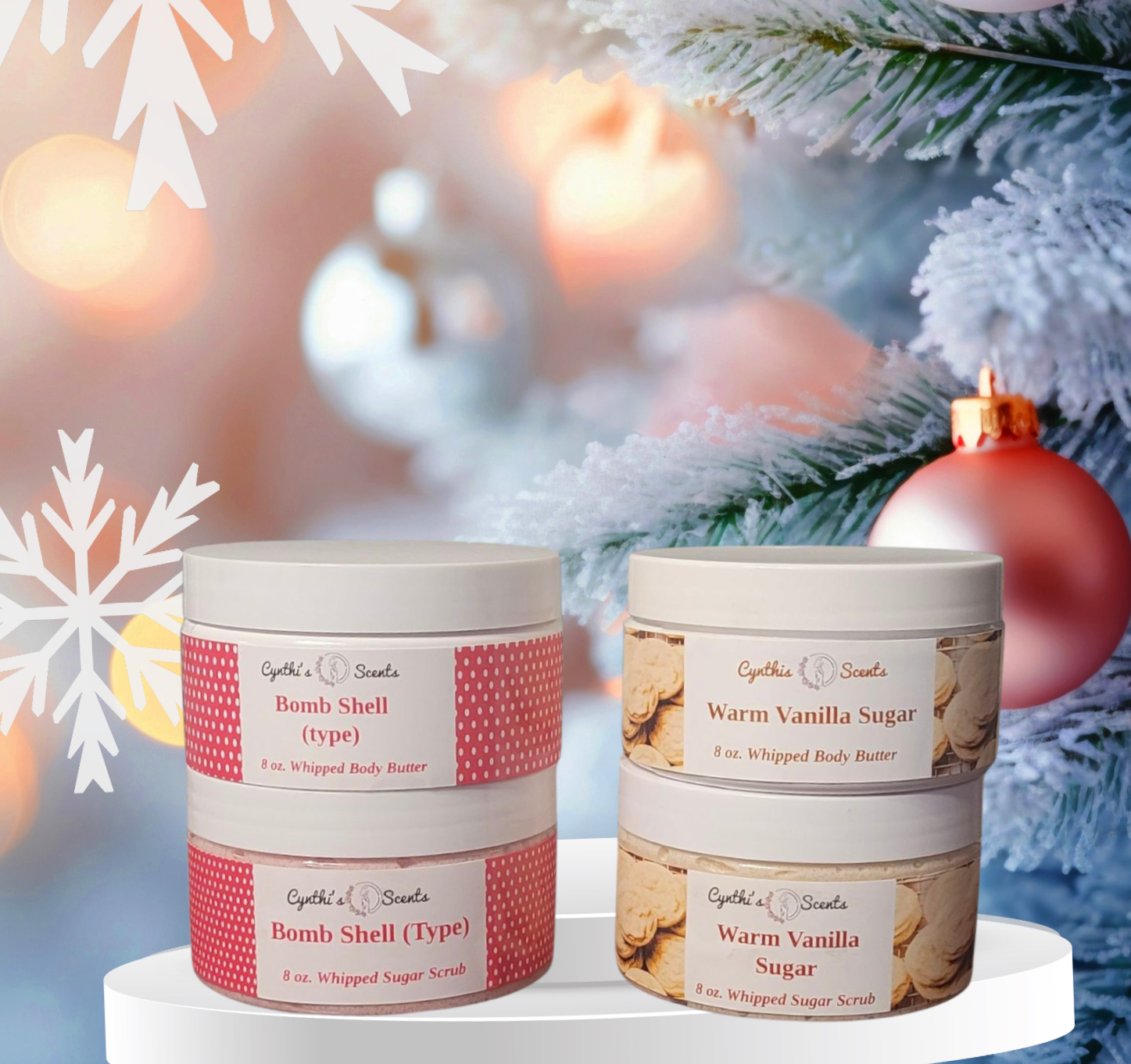 Whipped Body Butters and Sugar Scrubs in bomb shell or warm vanilla sugar fragrance.