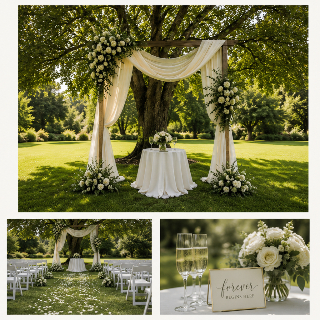 An outdoor wedding ceremony setup under a large tree with a white floral arch decorated with white flowers and greenery, and a small round table with a white tablecloth, champagne glasses, and a bouquet on it. There are white chairs arranged on either side of the aisle, which is covered with white flower petals. A close-up of white flowers, champagne glasses, and a sign that says 'forever begins here' are also shown.
