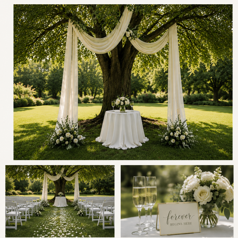 Decorative setup for a wedding ceremony outdoors under a large tree, featuring draped white fabric, floral arrangements, and a small round table with champagne glasses and a sign that reads 'forever begins here'.