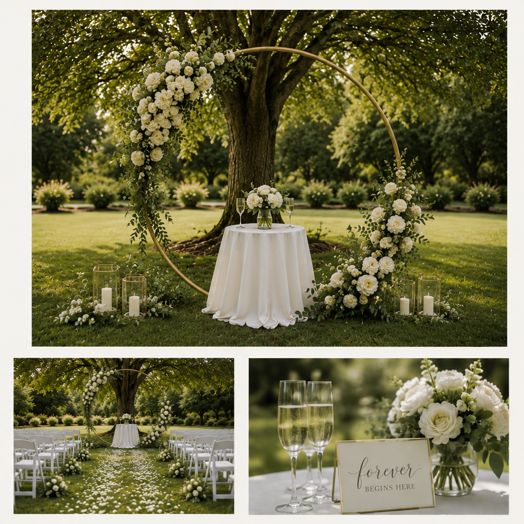 Wedding outdoor ceremony setup with a large circular floral arch, a small table with white flowers and champagne glasses, flower petal aisle, and candles, all in a lush green garden.