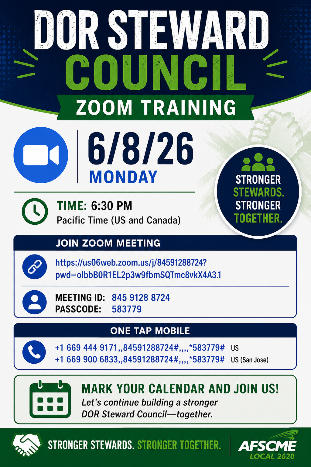 DOR Steward Council Training – June 8 at 6:30 PM