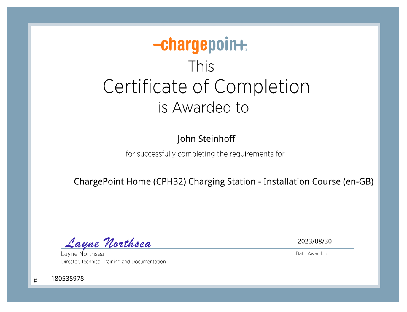 Certificate for Charge Point EV installation
