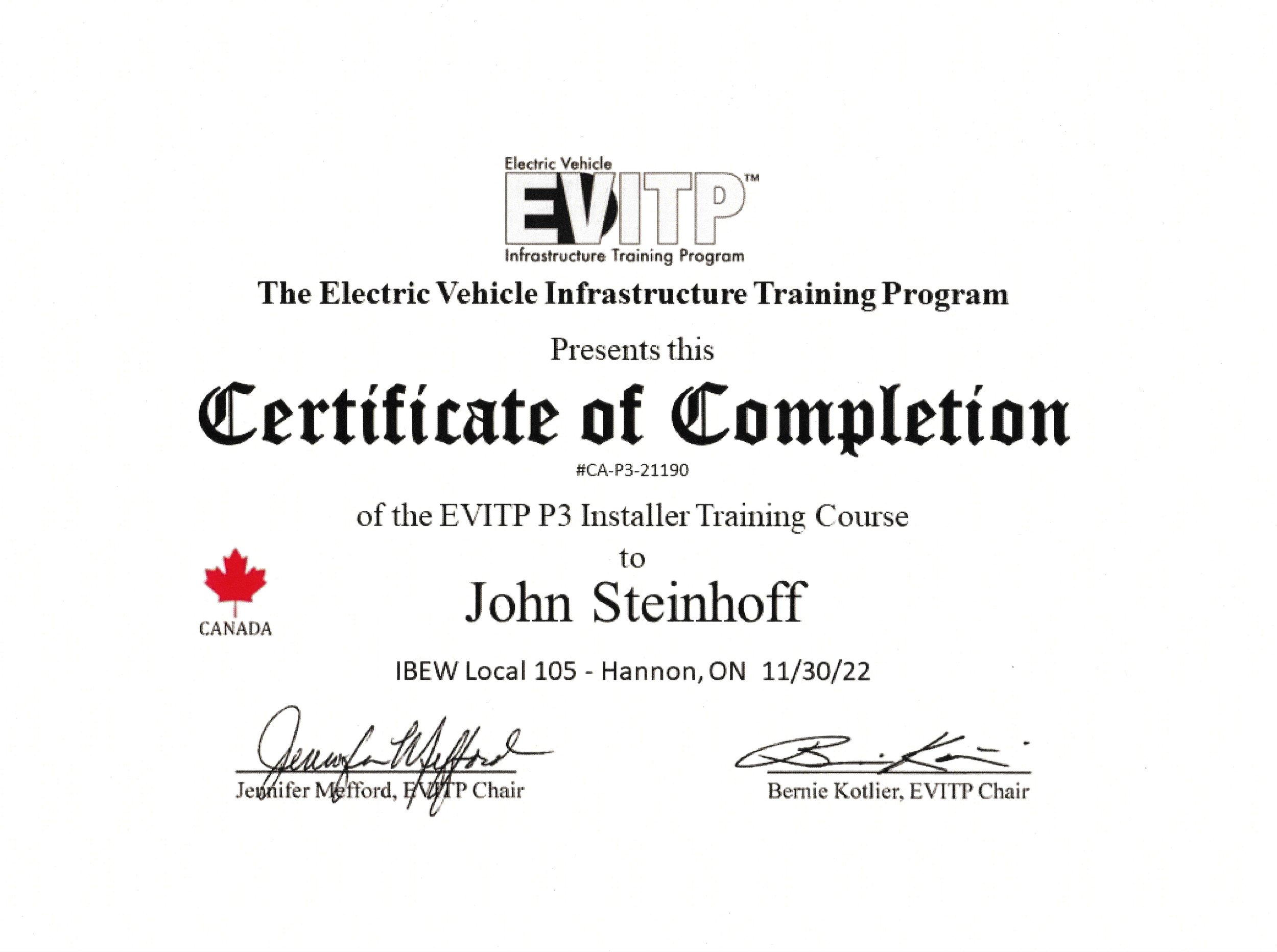 Certificate for EVITP Certified EV Charger Installer