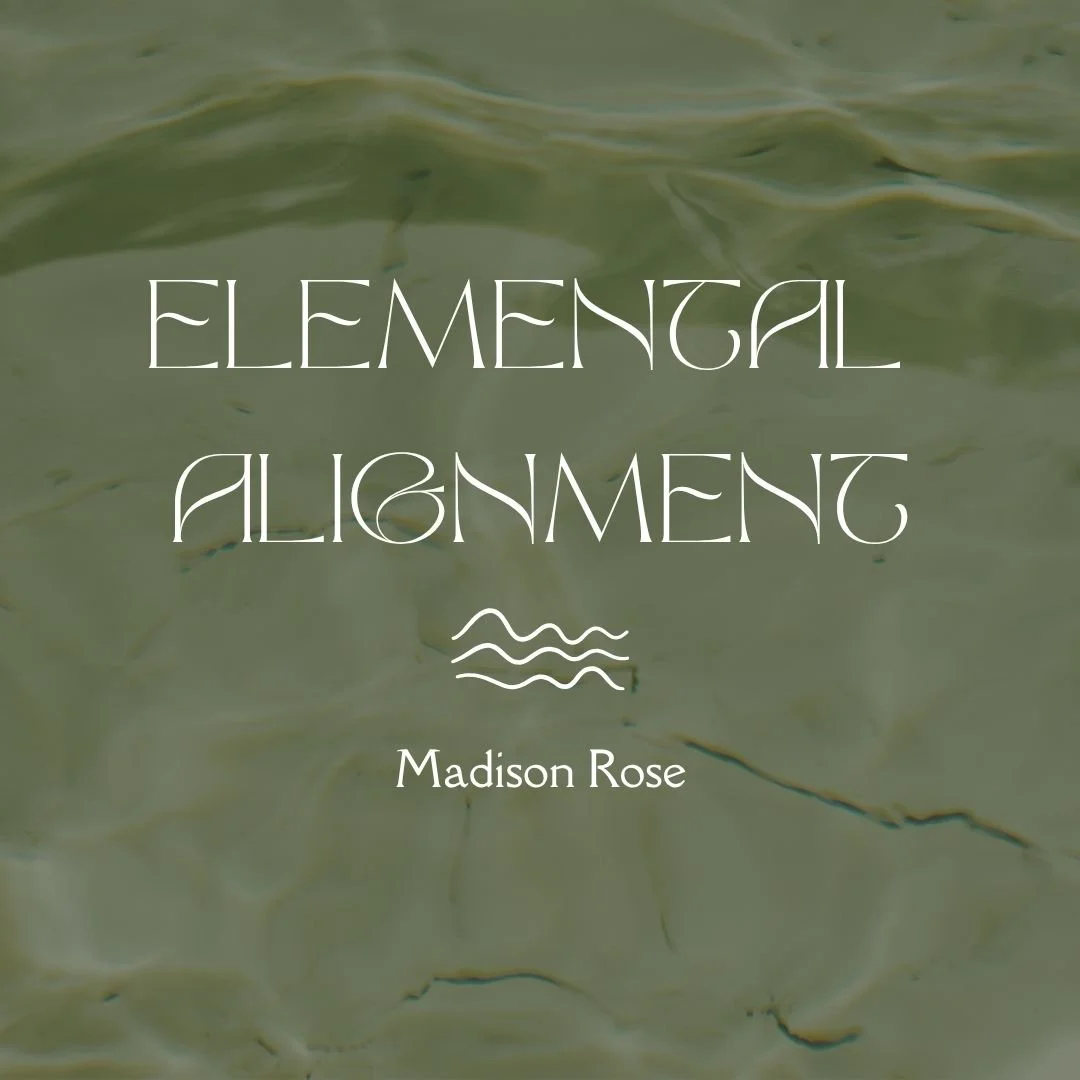 Logo titled 'Elemental Alignment' by Madison Rose with a background of water and water wave icons Energy Healing