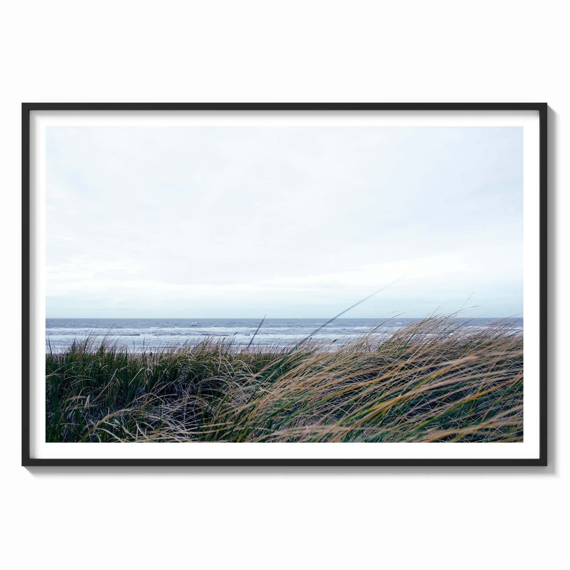 dune grass view of the ocean with gray and blue sky print with black wood frame