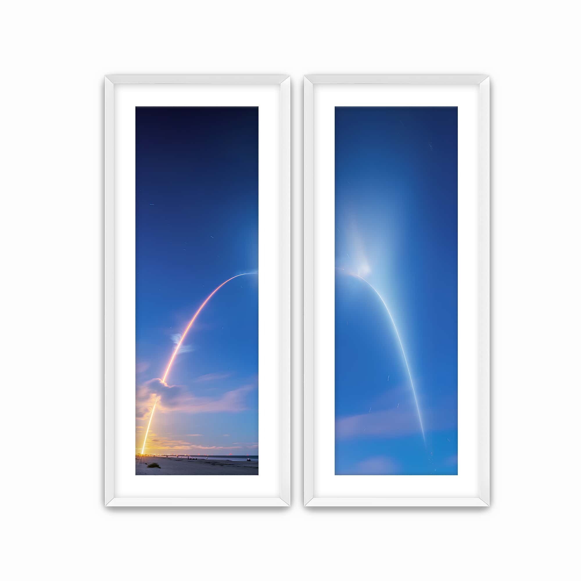 Rocket launch against a blue sky print duo with white wood frames