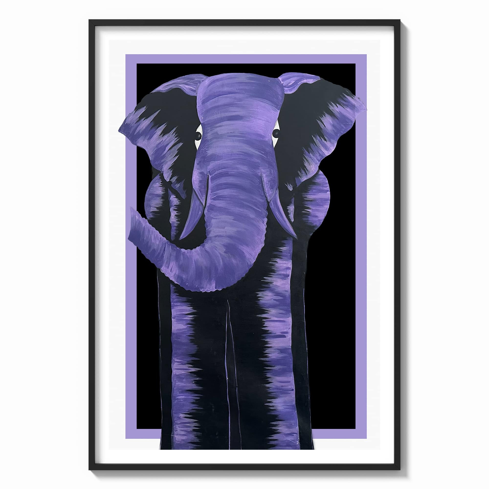 Africa savanna elephant family in purple on a black background wall art print with black wood frame
