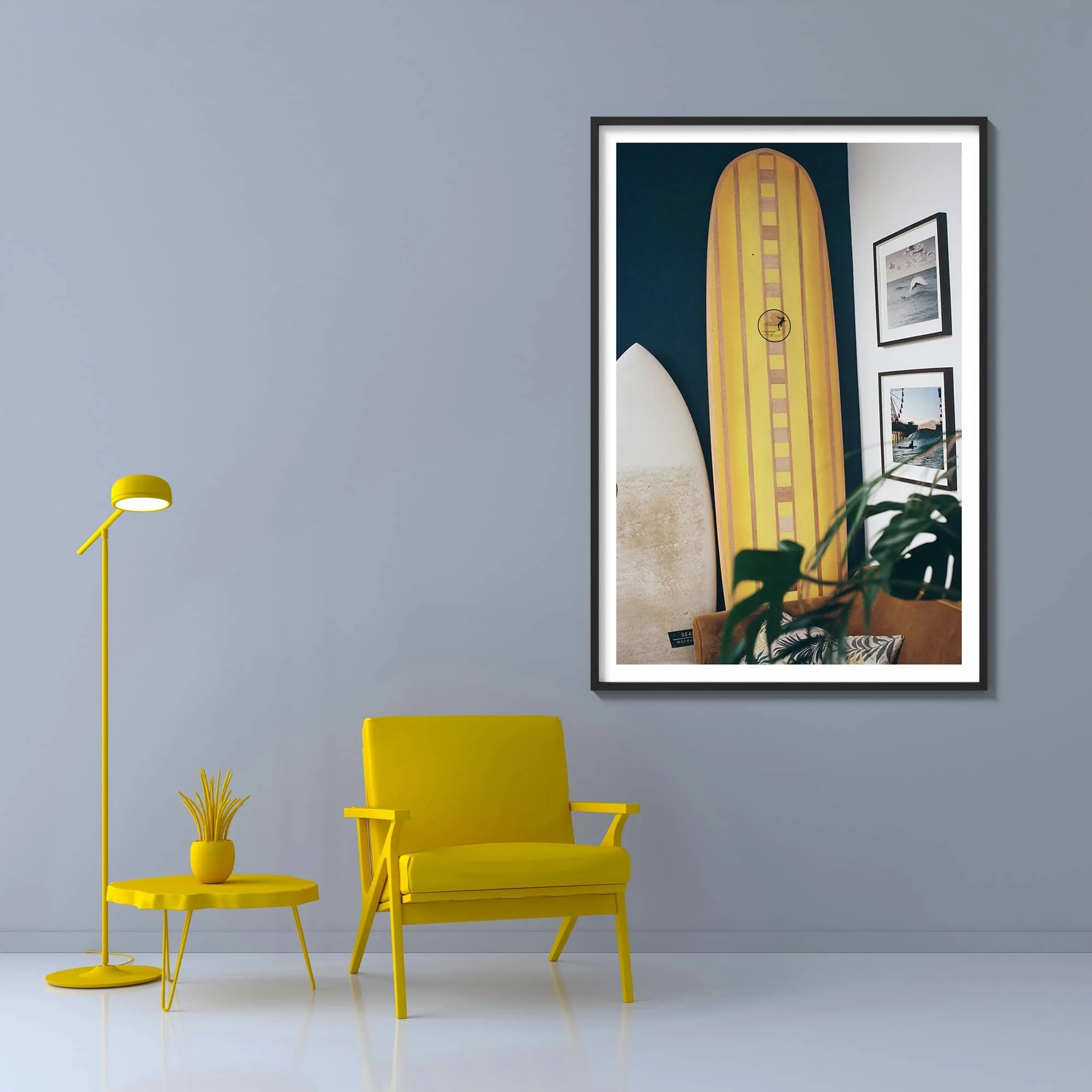 short and long surf boards leaning on wall with wood frame in living space.