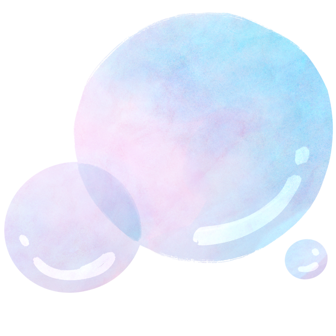 Pastel-colored digital illustration of three smiling bubbles with simple facial features.