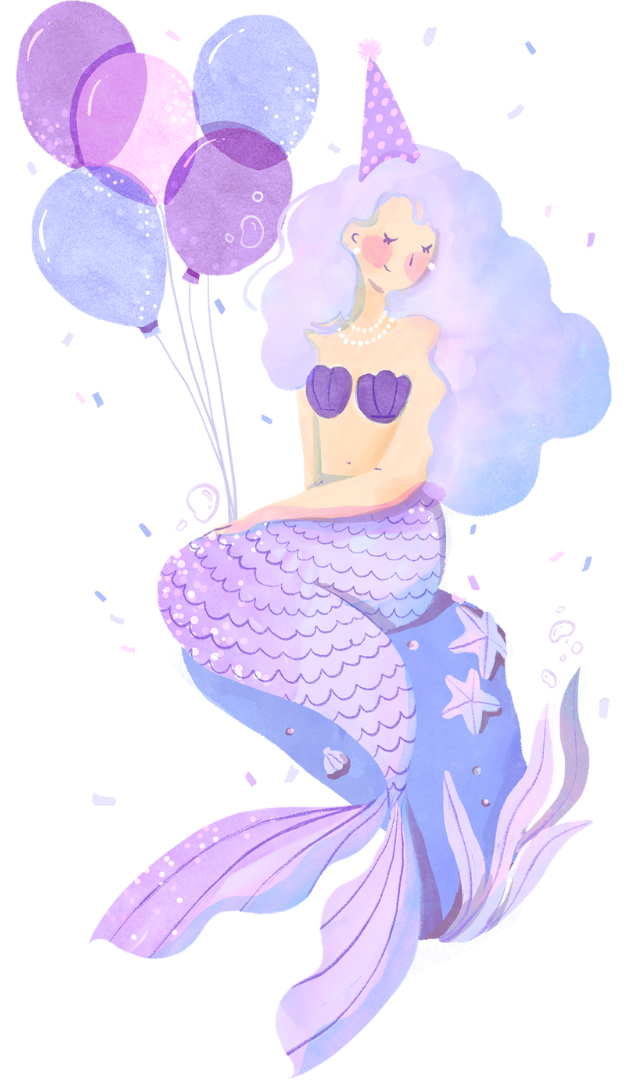 A digital illustration of a mermaid with long, wavy lavender hair, purple seashell top, and a lavender tail decorated with starfish and shells. She is wearing a pink polka-dotted party hat and pearl necklace, holding purple balloons against a pink background.