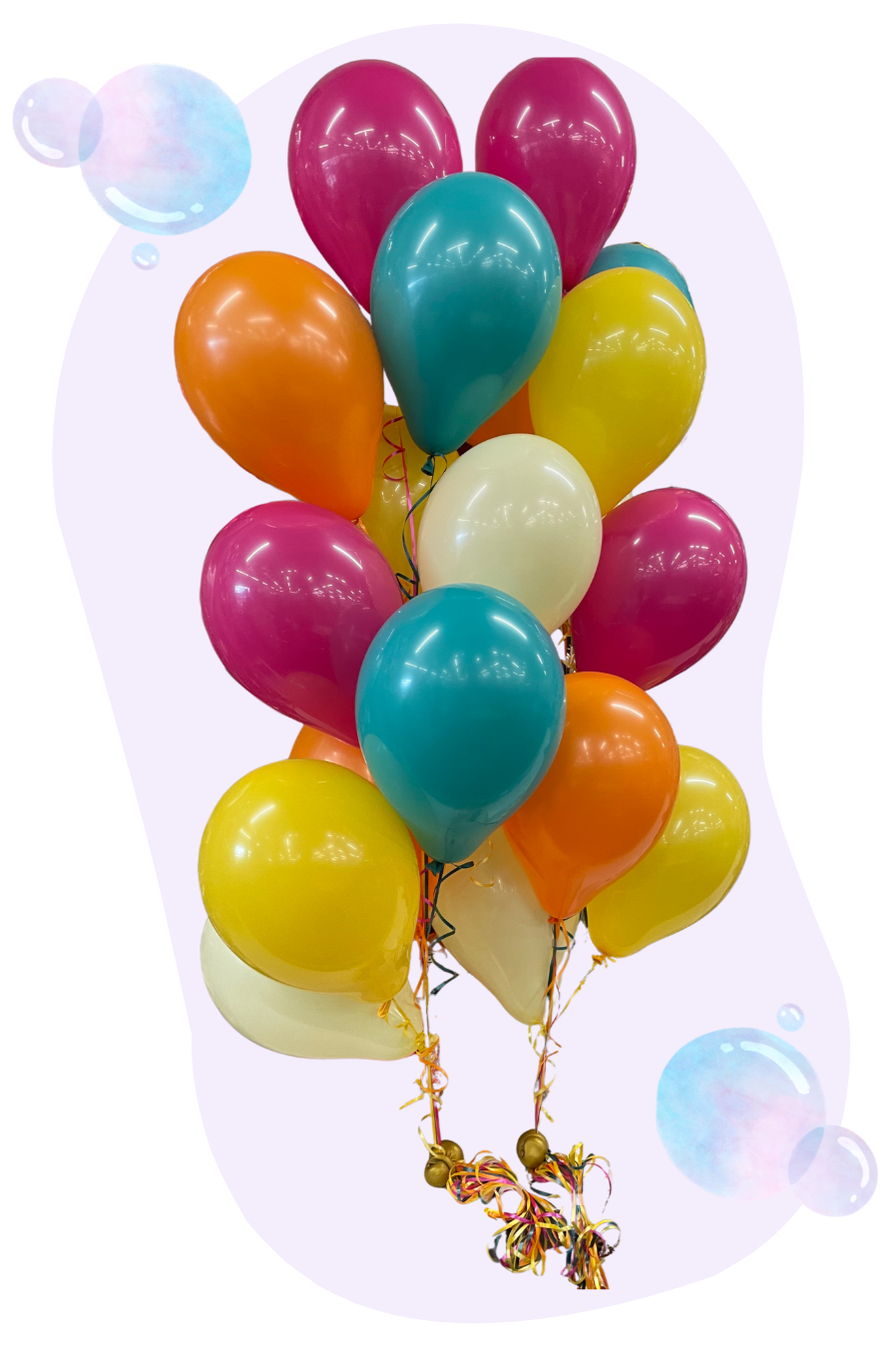 Colorful bunch of balloons in pink, yellow, orange, teal, and cream colors floating against a white background with decorative bubbles.