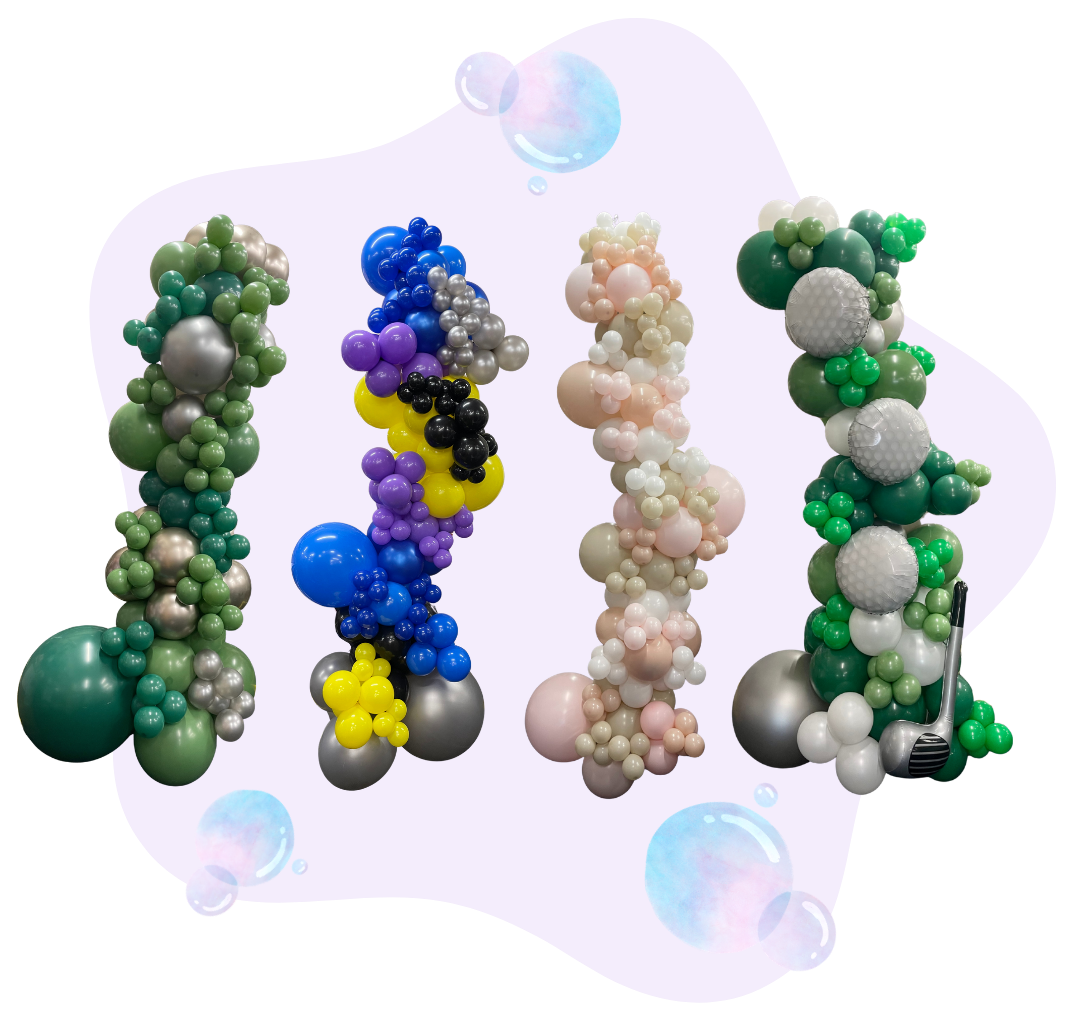 Four balloon sculptures resembling abstract shapes or figures, each made of variously sized balloons in colors green, silver, purple, yellow, blue, black, white, and pink, with some textured and patterned balloons, set against a white background with pastel-colored bubbles.