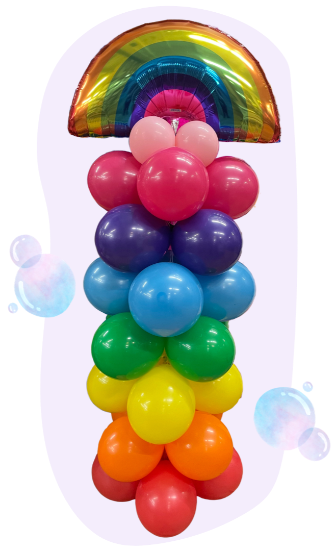 Rainbow-shaped foil balloon at the top, with clusters of colorful balloons in pink, purple, blue, green, yellow, orange, and red below, arranged vertically.