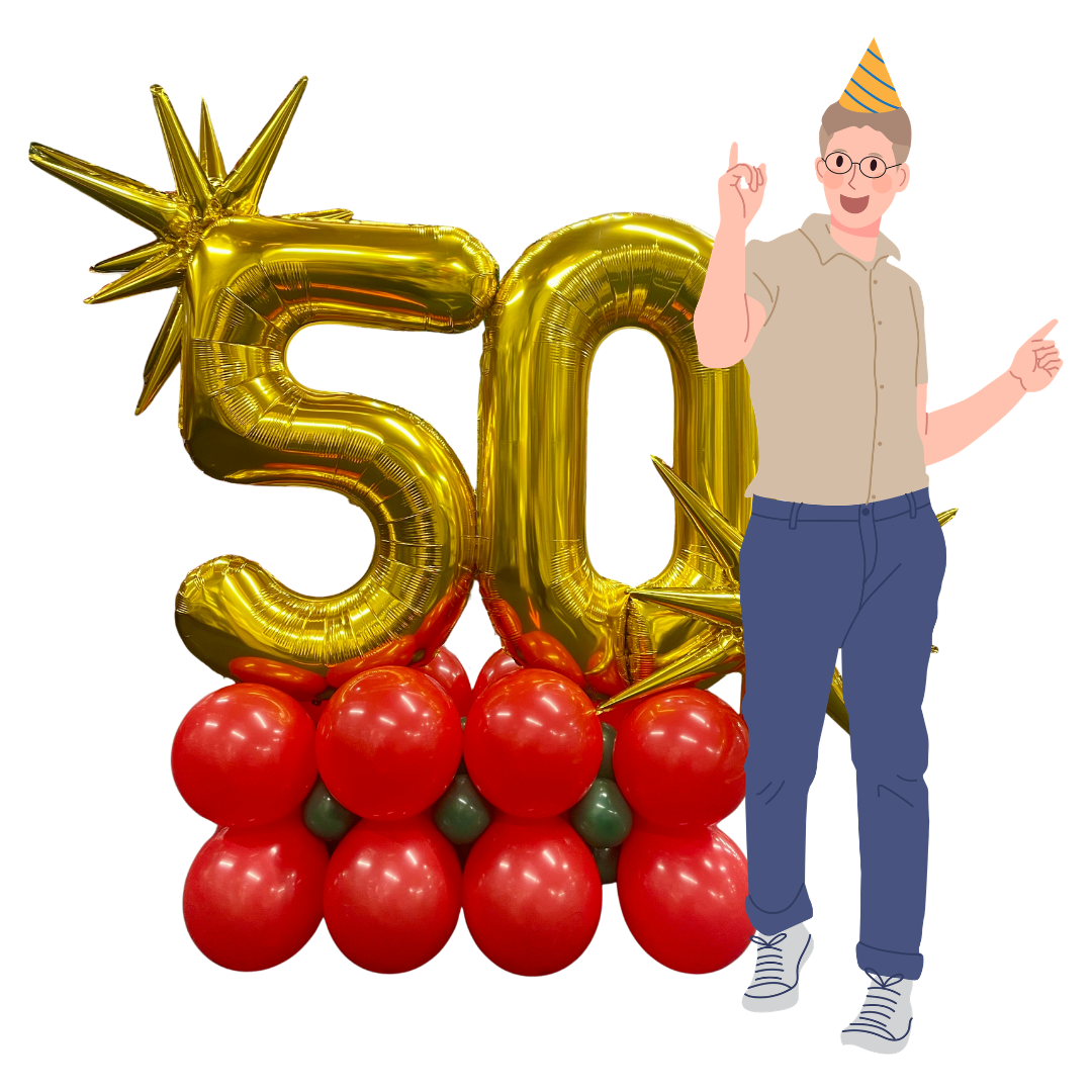 Celebratory party scene with gold balloons spelling '50' and red balloons, a person in casual clothes and a party hat pointing upward.