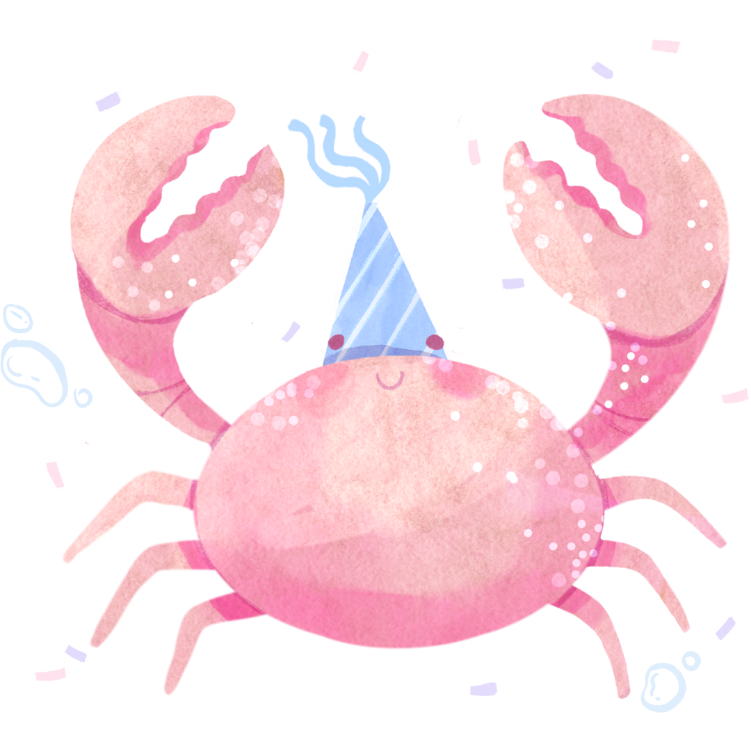 Watercolor illustration of a pink crab with a party hat, large claws raised, and a smiling face.