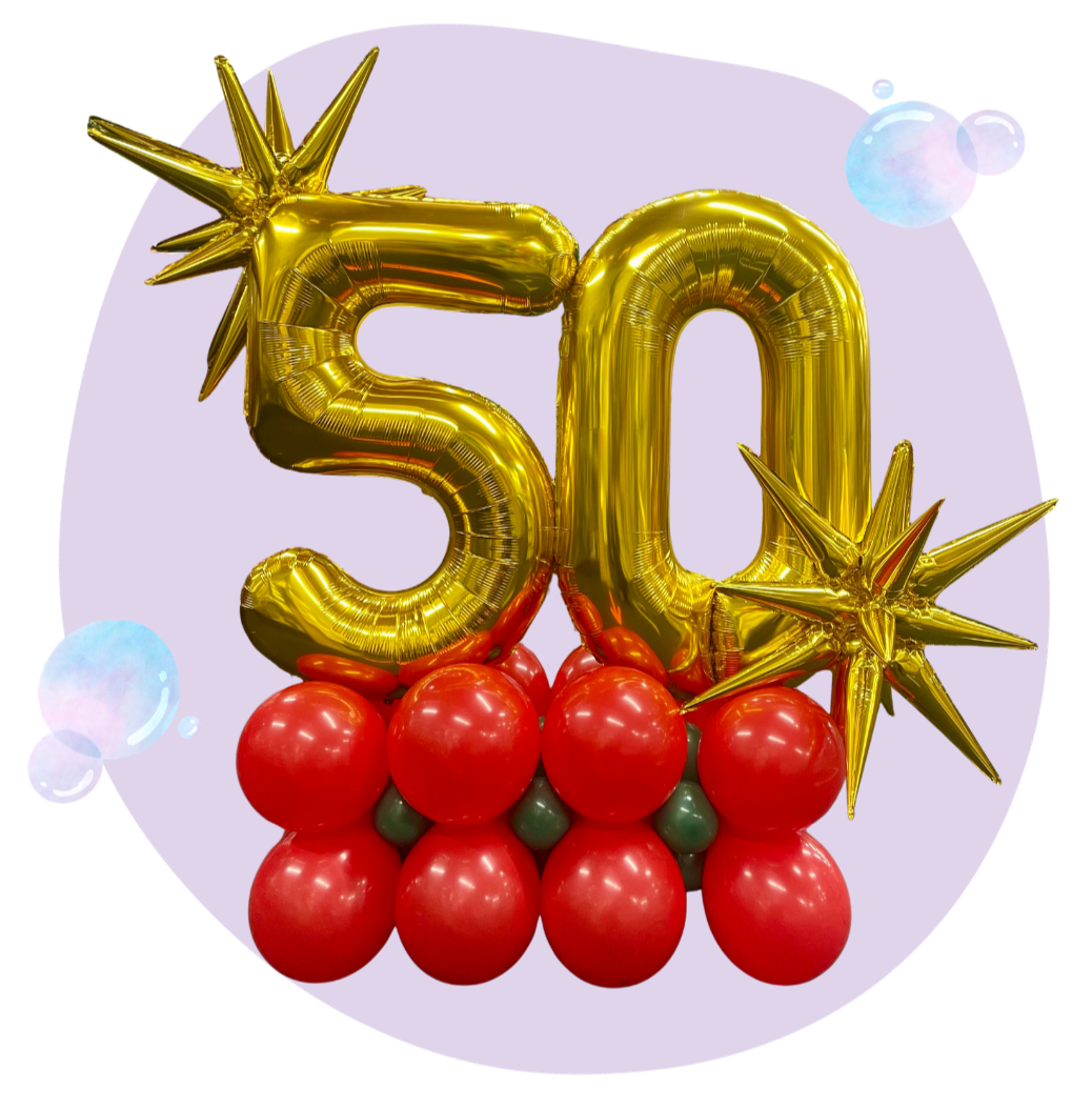 Gold balloons shaped as the number 50 with star-shaped balloons and red and green balloons at the base, celebrating a 50th milestone or anniversary.