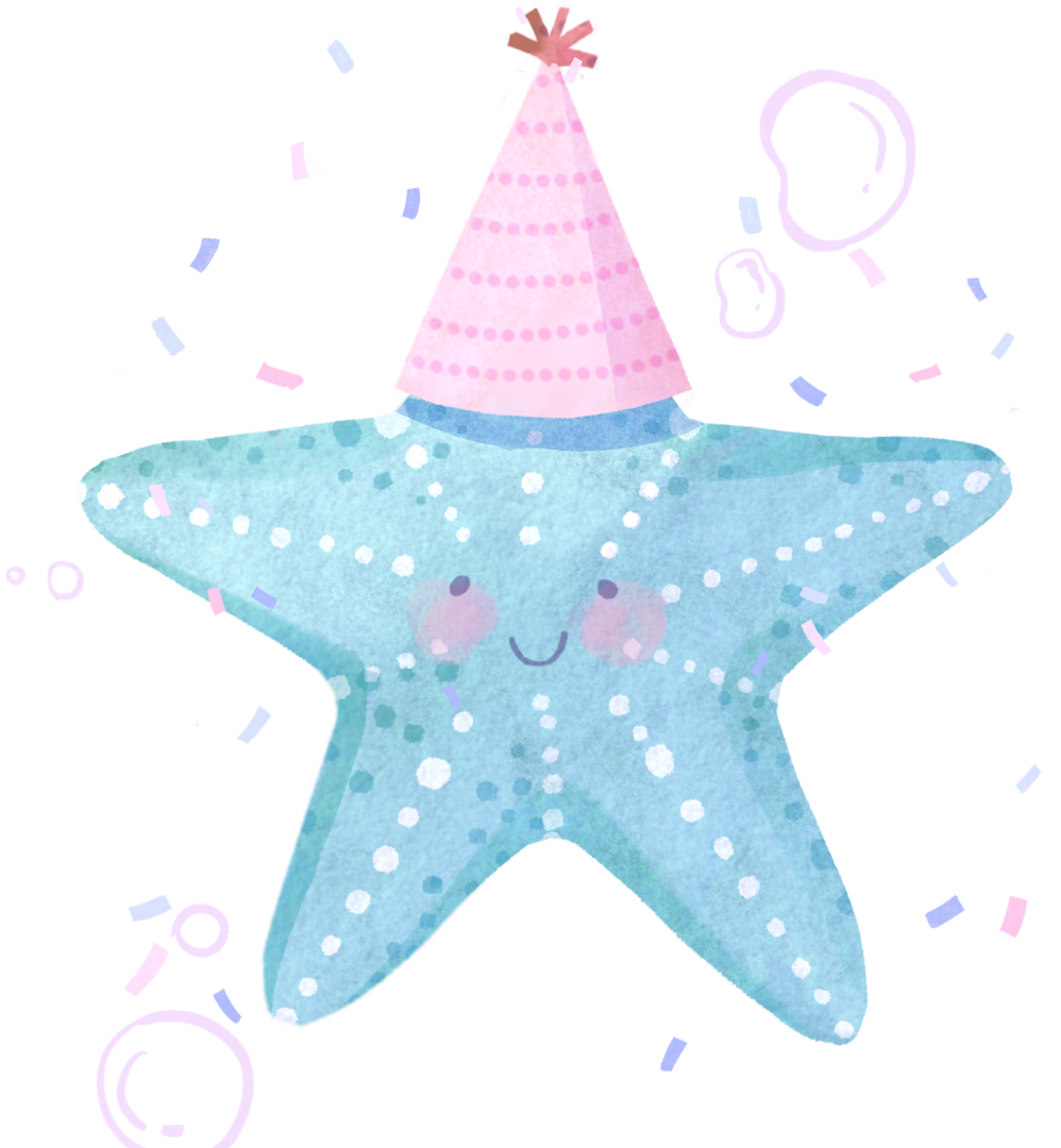 Cartoon starfish with a happy face wearing a pink party hat, surrounded by colorful confetti.