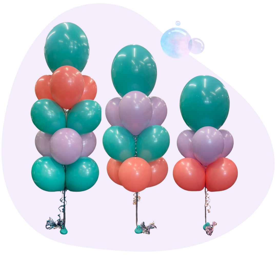 Three clusters of colorful balloons in pastel shades of purple, orange, teal, and pink, floating against a light background.