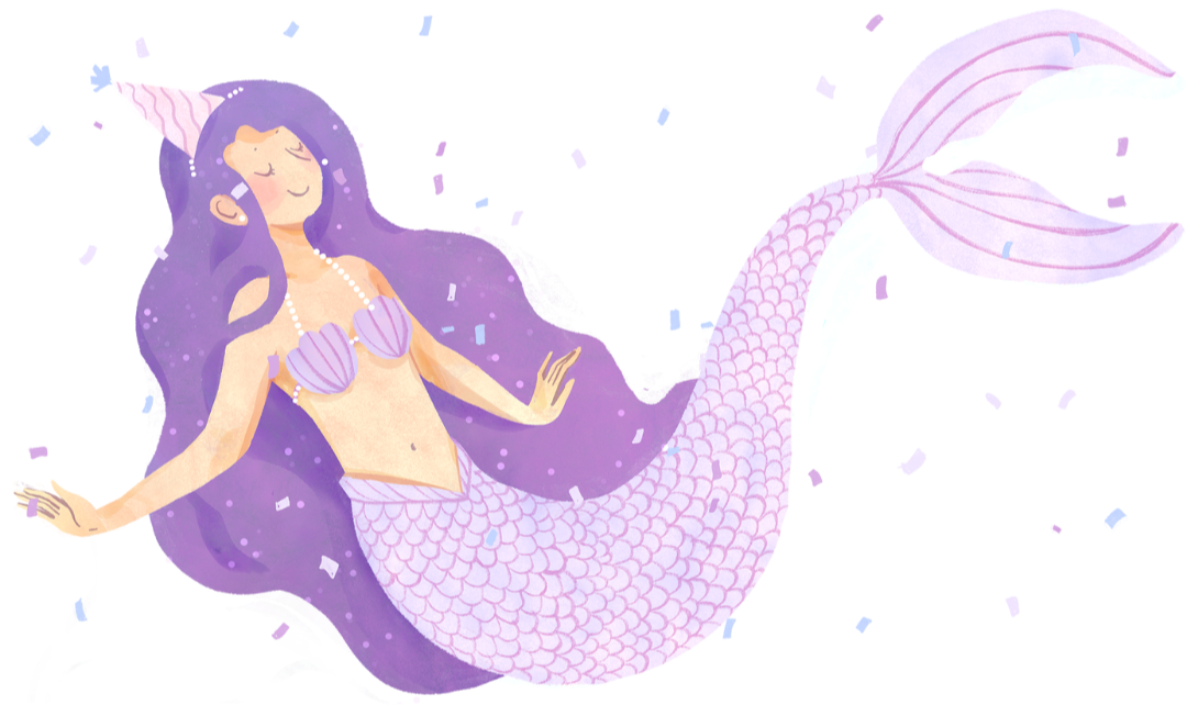 A digital illustration of a mermaid with long purple hair, purple seashell bra, and pink scales on her tail, surrounded by falling confetti.
