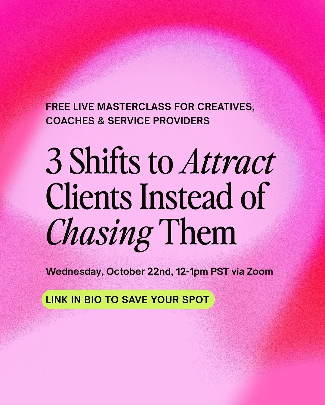 ✨ It&rsquo;s happening ✨

If you&rsquo;ve been doing all the things &mdash; posting, creating, tweaking &mdash; and still feel like you&rsquo;re chasing clients instead of attracting them&hellip; this is your sign.

🕊️ On Wednesday, Oct 22 at 12 PM 