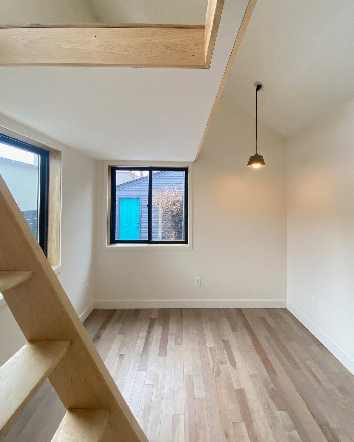 Interior before and after of tiny house addition with a warm and clean finish! Linseed oil and beeswax covers all the custom wood finishings and loft floor in 3 coatings.