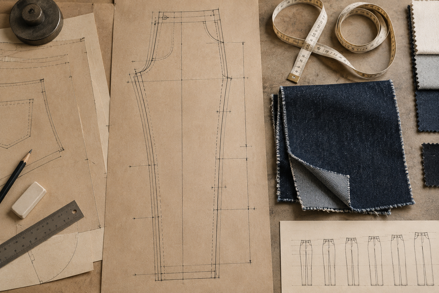 Conceptual illustration of trouser pattern pieces, a measuring tape, and denim swatches