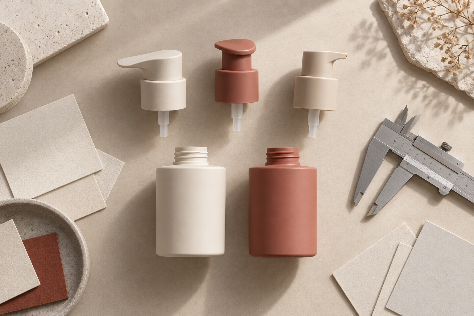 AI-generated skincare packaging prototypes arranged for a conceptual design study.