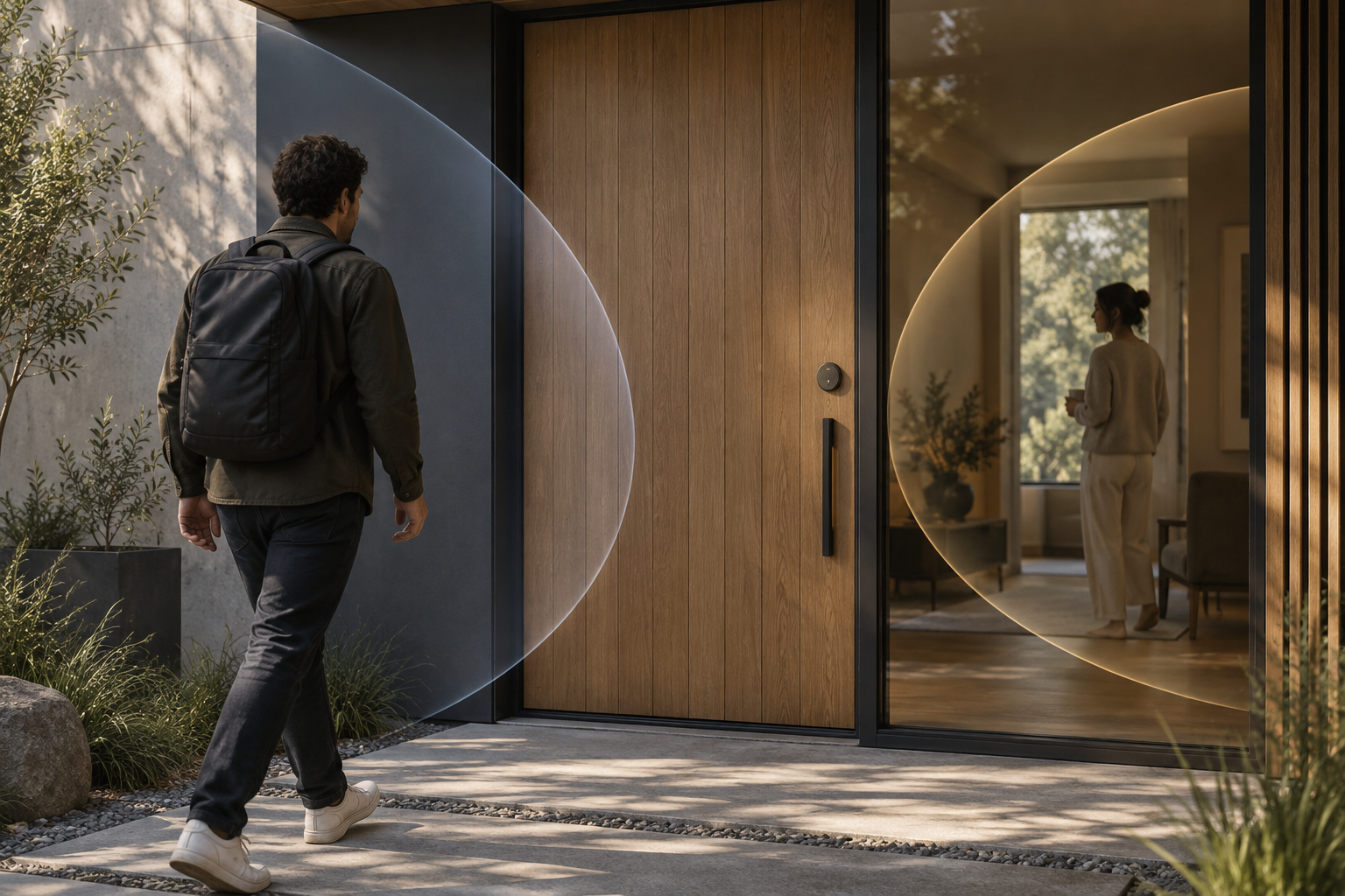 Conceptual view of a person approaching a front door while another person is inside, illustrating different movement contexts.